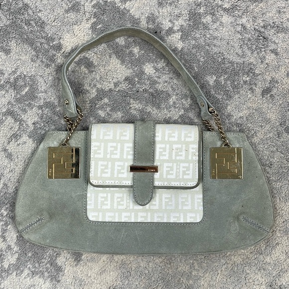 Fendi Zucchino Suede Pochette Shoulder Bag Small Flat Monogram Logo - Picture 1 of 16